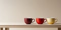 Three cups of different colors are lined up on a table Royalty Free Stock Photo