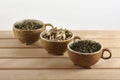 Three cups with green tea leaves on a white background