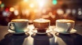 Three cups of hot coffee with coffee art on a cozy blur background