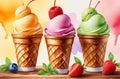 Three cups of various soft ice cream are on the table, watercolor style Royalty Free Stock Photo