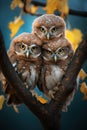 Three curious little owls on tree branch