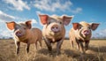 Three curious pigs stand in an open field