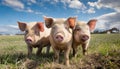 Three curious pigs stand in an open field