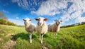 Three curious sheep stand in a open green field Royalty Free Stock Photo