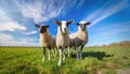 Three curious sheep stand in a open green field Royalty Free Stock Photo