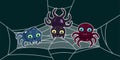 Three cute adorable spiders on web, baby halloween style banner