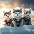 Three cute babies Siberian husky playing snow