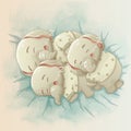 Three cute baby elephants sleeping together. vector cartoon hand drawn. Royalty Free Stock Photo