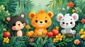 Three cute bears picnic jungle foliage fruit illustration Royalty Free Stock Photo