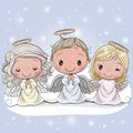 Three Christmas angels on a blue background