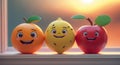 Three Cute Cartoon Fruits At Sunset Window. Royalty Free Stock Photo