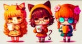 Three cute cartoon girls with glasses and cat ears. Generative AI Royalty Free Stock Photo