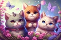 Three cute cartoon kittens with flowers. Generative ai Royalty Free Stock Photo