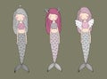 Three cute cartoon mermaids. Siren. Sea theme.