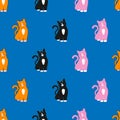 Three cute cartoon red, black and pink cats. Seamless ornament, pattern, background and template. Vector square