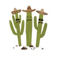 Three cute cartoon Saguaro cactus in sombrero. Friends forever concept. Vector illustration Royalty Free Stock Photo