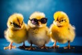 Three cute chicken chicks wearing sunglasses, representing a fun and playful image. Ai generated