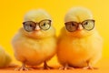 Three cute chicken chicks wearing sunglasses, representing a fun and playful image. Ai generated