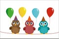 Three cute colored owls sitting on a rope and holding balloons. Royalty Free Stock Photo