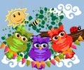 Three cute colorful cartoon owls sitting on tree branch with flowers Royalty Free Stock Photo