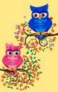 Three cute colorful cartoon owls sitting on tree branch with flowers. Funny sticker of birds on white background Royalty Free Stock Photo