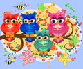 Three cute colorful cartoon owls sitting on tree branch with flowers. Funny sticker of birds on white background Royalty Free Stock Photo
