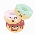 Three cute donuts look at each other while standing in the form of an unstable tower