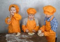 Three cute European boys dressed as cooks are busy cooking pizza. three brothers help my mother to cook pizza Royalty Free Stock Photo