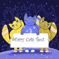 Three cute fairy cats holding a board. Fairy cats frame. Kids border Royalty Free Stock Photo