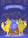 Three cute fairy cats lull a child. Border or cover design Royalty Free Stock Photo