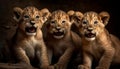 Three cute feline cubs staring, mouths open, in nature wild generated by AI