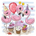 Three Cute Flamingos with balloon and bonnets