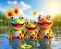 Three cute Frogs are reflected in the lake with vivid colors.