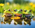 Three cute Frogs are reflected in the lake with vivid colors.