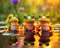 Three cute Frogs are reflected in the lake with vivid colors.