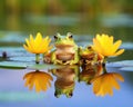 Three cute Frogs are reflected in the lake with vivid colors.