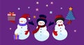 Three cute funny snowman characters with gifts and Christmas tree. Children s Christmas paper application on a purple background Royalty Free Stock Photo