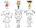 Three cute girls coloring book with color sample