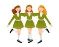 Three cute girls in green dresses are dancing together. Irish dancers isolated on a white background. Vector flat