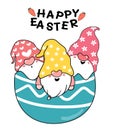 Three Cute Gnome in broken easter egg, Happy Easter cute cartoon doodle vector pastel Royalty Free Stock Photo