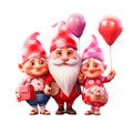 Three cute gnomes with flowers and heart shaped balloons design for Valentine\'s Day isolated on transparent background