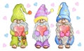 Three cute gnomes with valentine hearts in hands. Valentine day clipart. Watercolor drawing isolated on white background