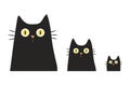 Three cute hand-drawn black cats. Simple vector illustration for card design and for children. Pets concept, love and