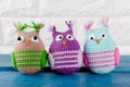 Three Cute handmade knitted owls toys