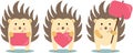 Three cute hedgehog holding a pink sign boards and heart Royalty Free Stock Photo