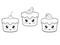 Three cute kawaii cakes with cherry, lemon and strawberries - set. Cupcakes with eyes, cheeks and mouths - cute sweets - vector li Royalty Free Stock Photo