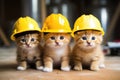 Three cute kittens in a hard hat on the floor. Selective focus. A group of small kittens wearing construction hats, AI Generated Royalty Free Stock Photo