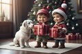 Figurine: Two cute happy little boys carrying Christmas presents with their Labrador dog.