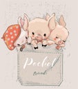 Three cute lovely cartoon pigs on pocket