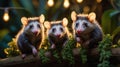 Three Adorable Baby Opossums at Night in Lush Greenery Royalty Free Stock Photo